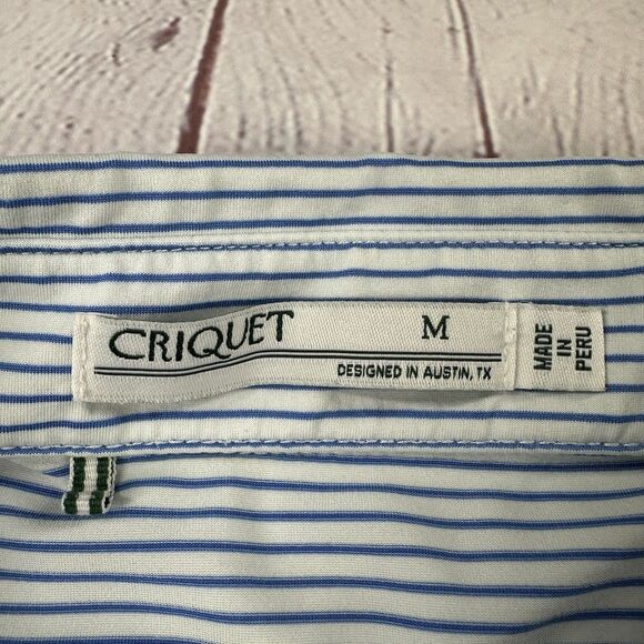 Criquet Polo Shirt Mens Medium Blue Striped Stretch Performance Golf Logo - Picture 5 of 10